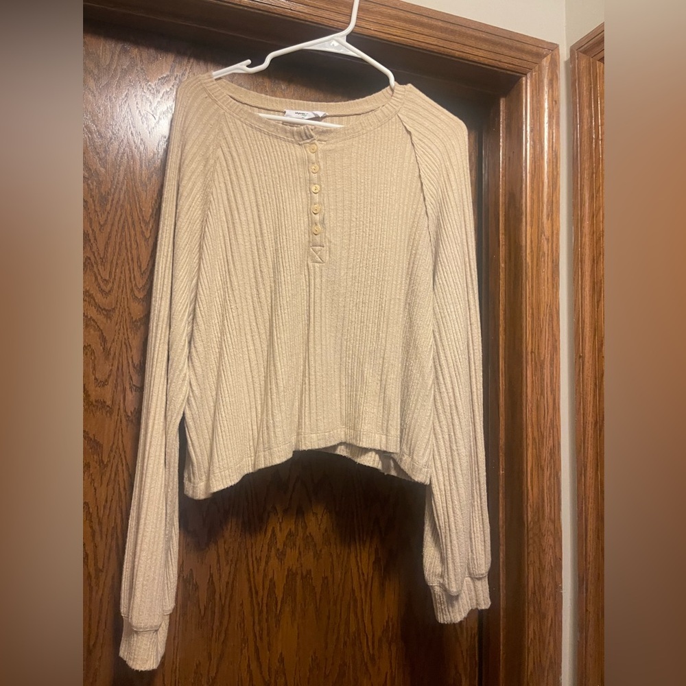 Double Zero Beige Ribbed Button-Up Blouse